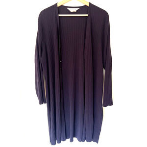 Misook Cardigan Large Navy Blue Long Line Knit Ribbed Long Sleeve